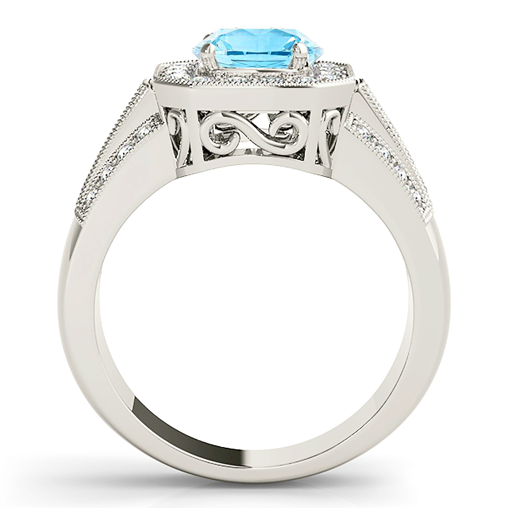 1.10 ct. Genuine Aquamarine Ring With 0.60 ctw. Diamond Halo And Triple row Diamond Solid Gold band | Round Blue Aquamarine Halo Ring-VIRABYANI